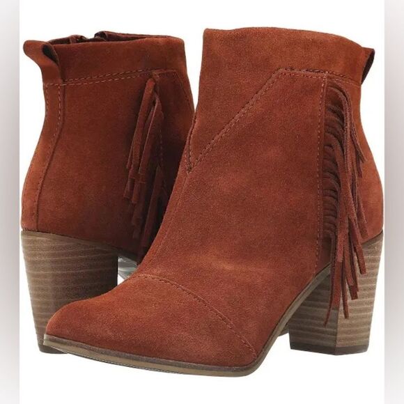 TOMS Lunata Western Boho Tassel Suede Bootie Stacked Block‎ Heel, Brown Size 8.5 - Picture 13 of 17